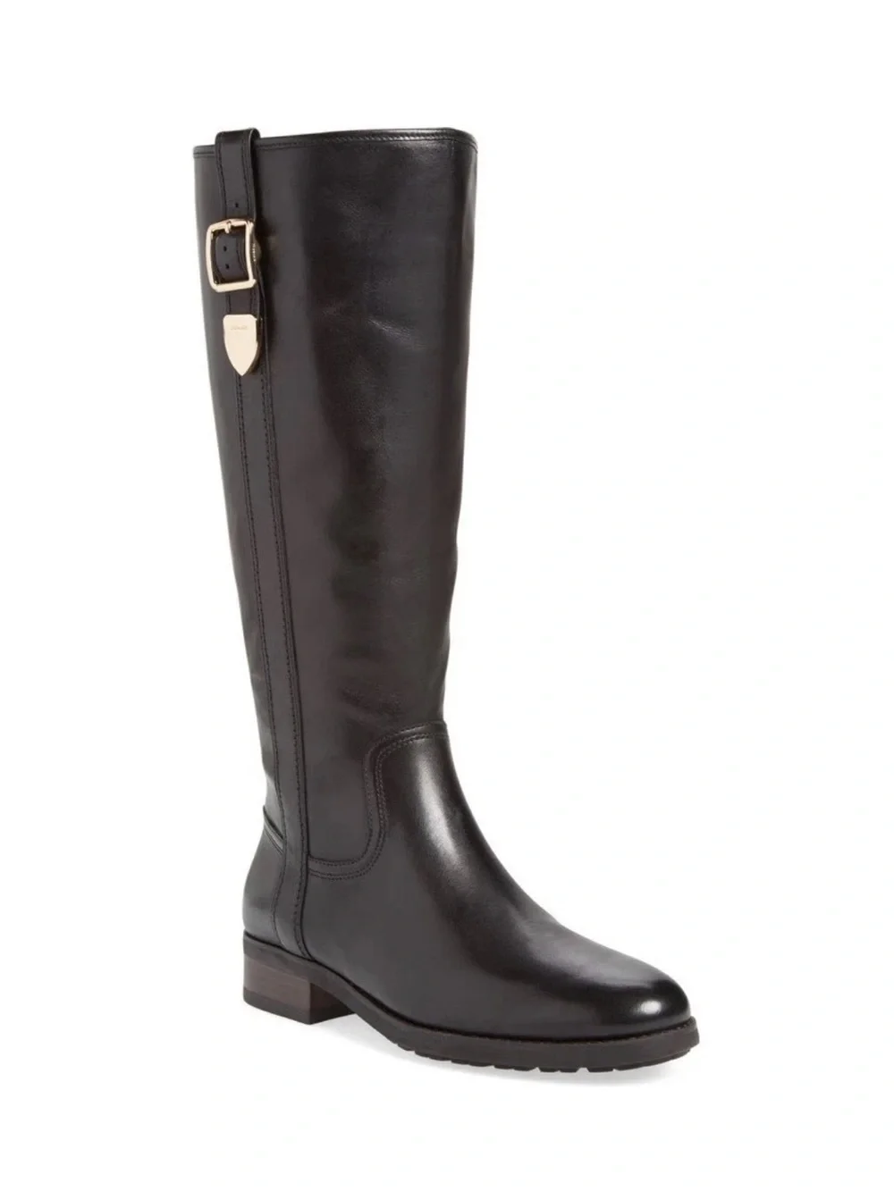 Coach Easton Black Calf Leather Tall Riding Boots Sz 9 Gold Accented Logo Buckle